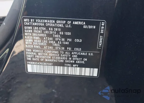 2019 Volkswagen Atlas 3.6L V6 Sel из США, поврежденный, VIN 1V2ER2CA7KC557337